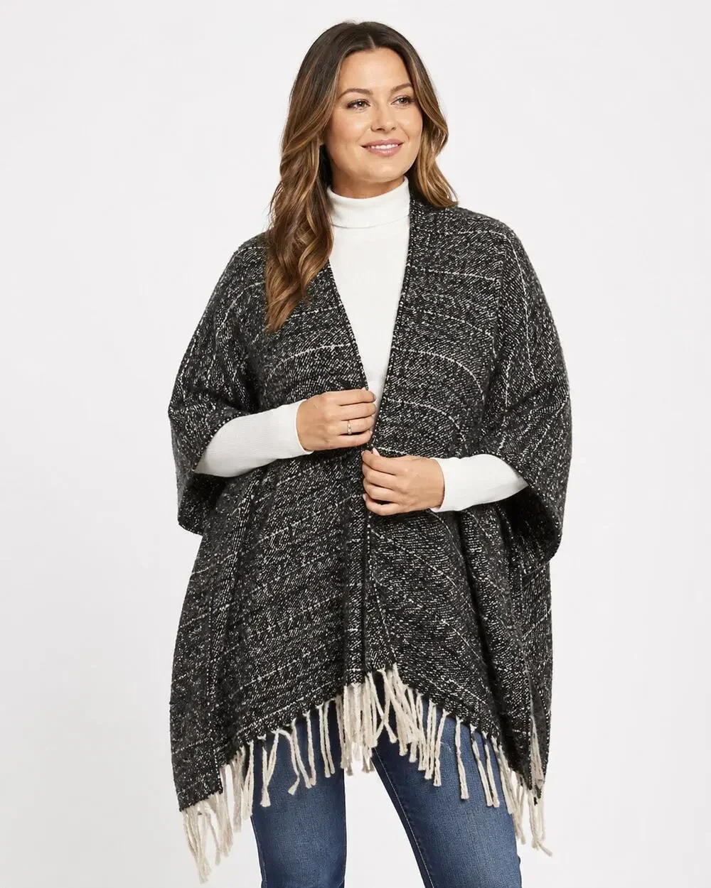 NWT Woolrich Brushed Wrap Ruana Poncho Charcoal Gray One Size Fringe Soft